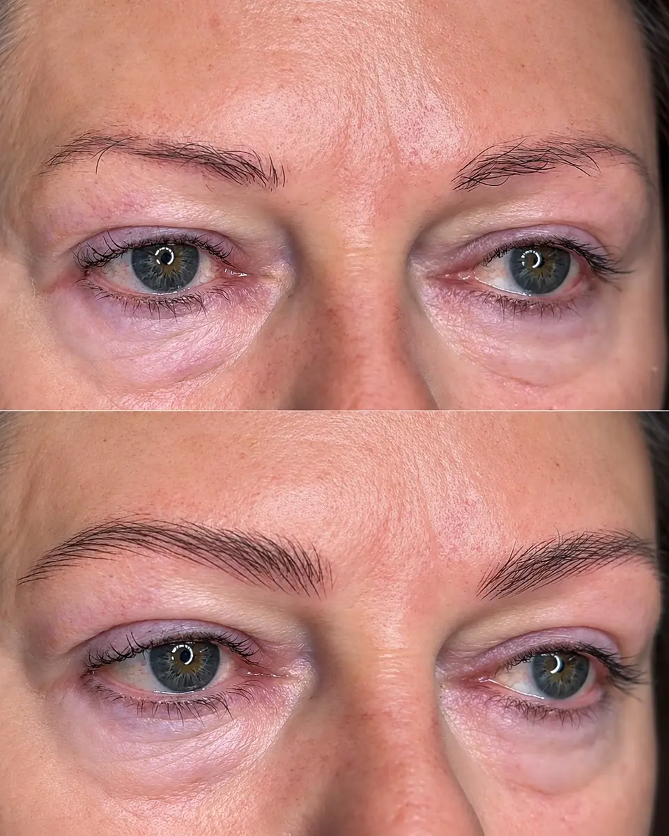 Brow before and after, sparse brows rebuilt with hyper realism hairstrokes, at Gemma Henderson PMU in Newton Abbot