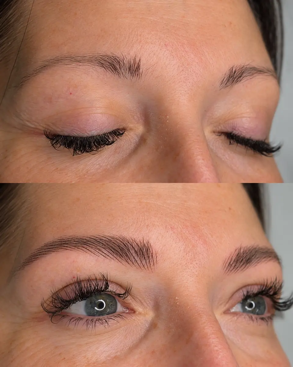 Hyper realism brow before and after, fine hairstrokes through natural brows, at Gemma Henderson PMU in Newton Abbot