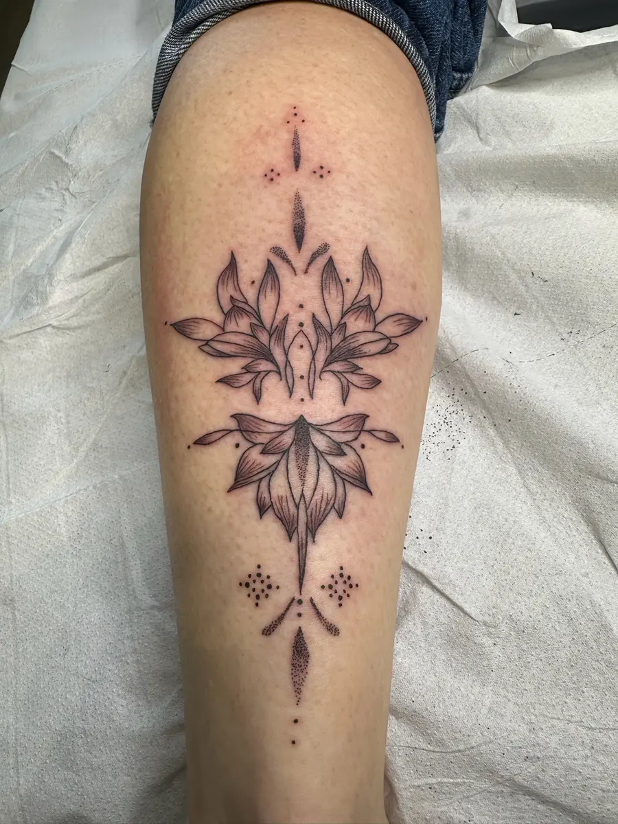 Fine line lotus mandala tattoo on a forearm by Sophie at Gemma Henderson PMU, Newton Abbot